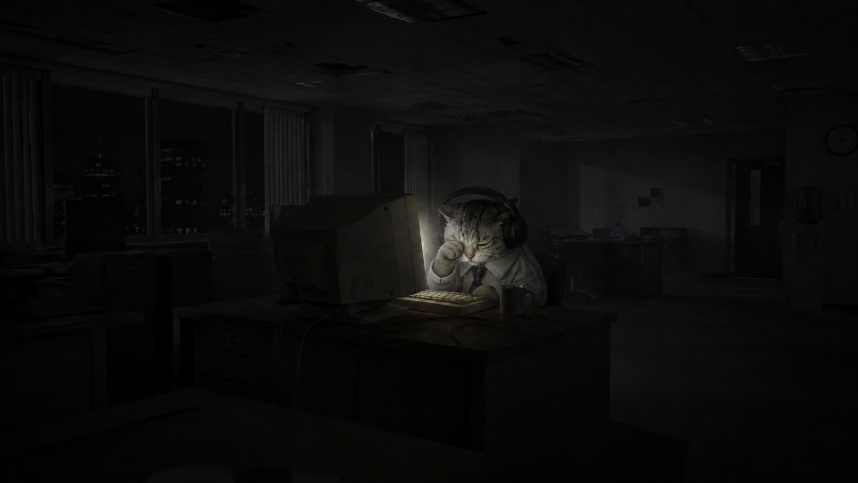 The cat rubbing his eye at the desk in the dark office